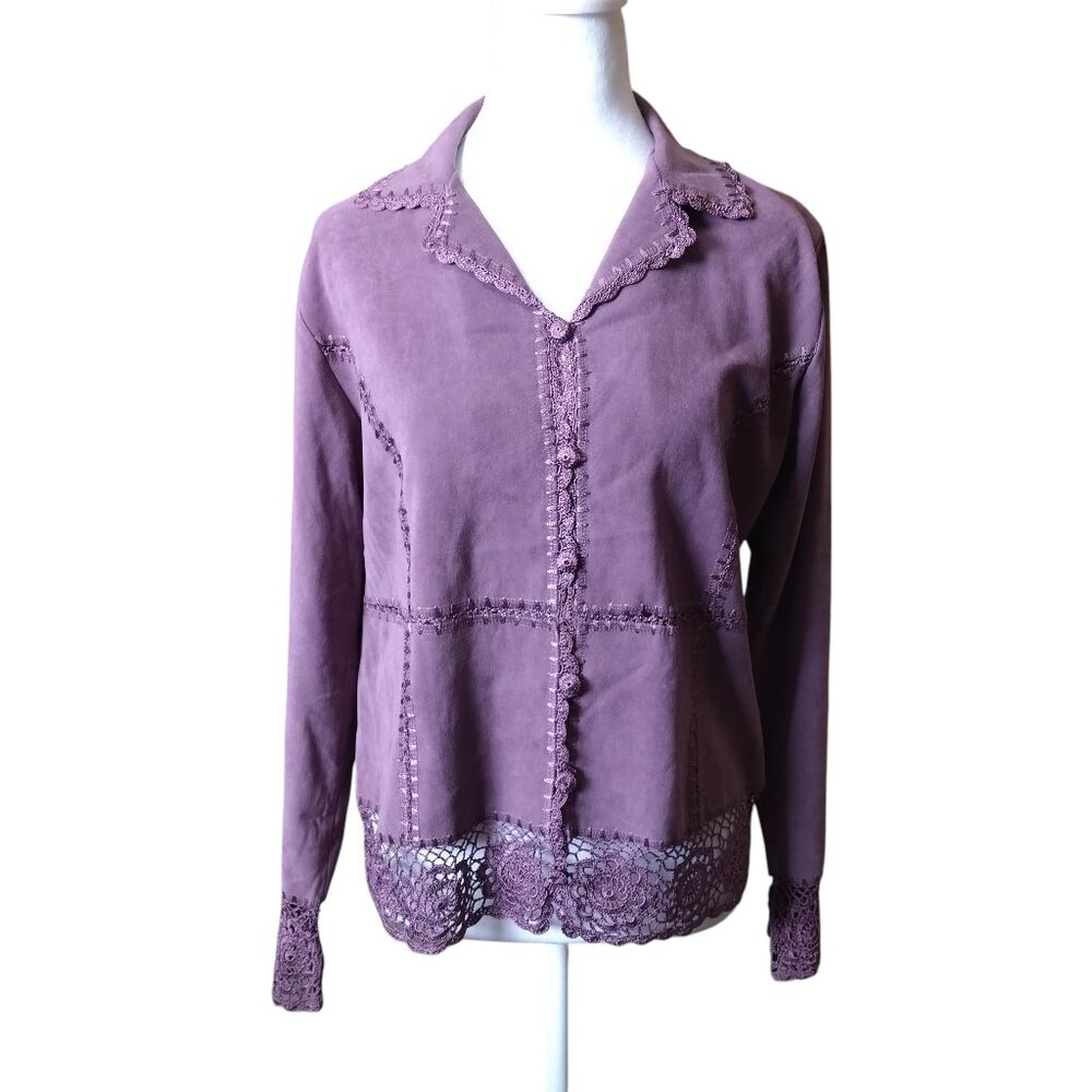 T & Company Small Button Front Faux Suede Crochet Lace Collared Top Feminine